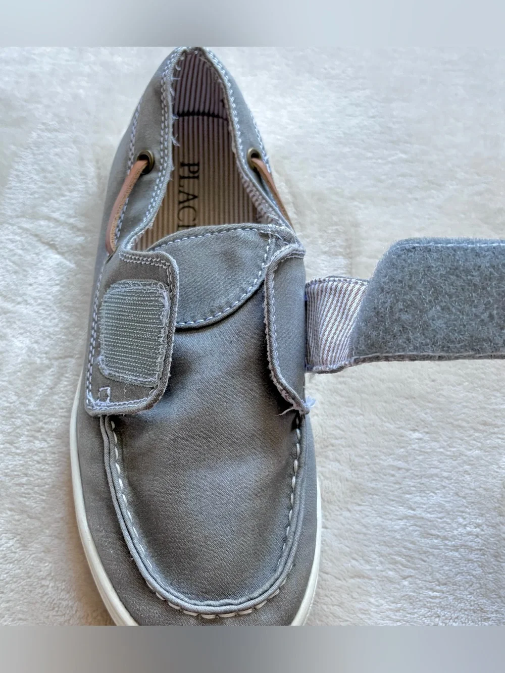 Children's Place Boys Gray Loafers - Slip On Boat Shoes W/ Velcro Strap, Size 3